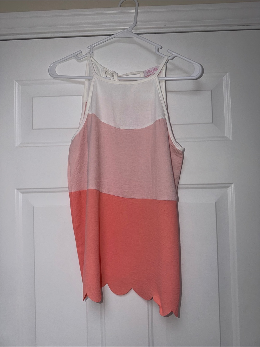 Pink Lily Colorblock Scallop-Hem Tank - White, Light Pink & Coral